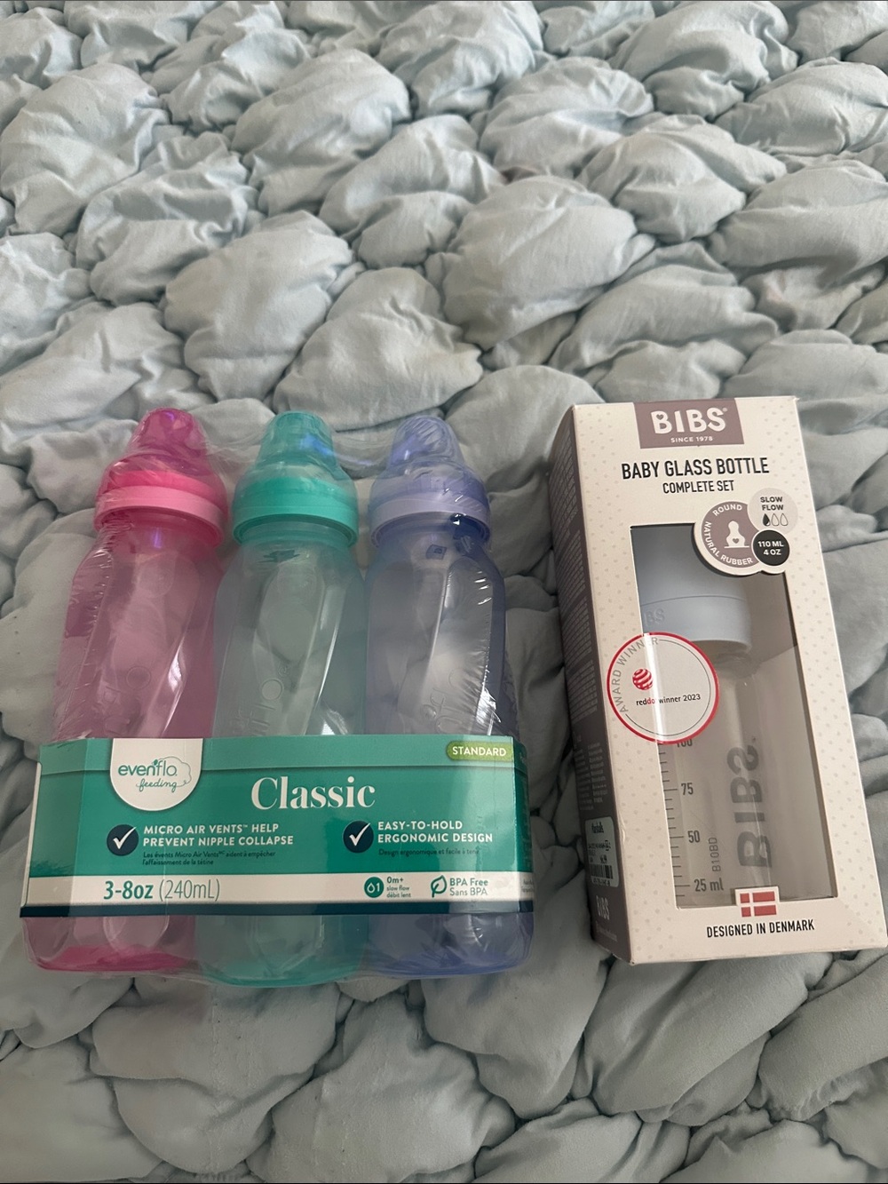 BIBS Baby Glass Bottle + Evenflo Classic Plastic Bottle Set - Pink, Teal, Lilac